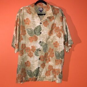 Tommy Bahama Men's Large Tropical Button Up Floral Linen Shirt  Green/Orange/Tan